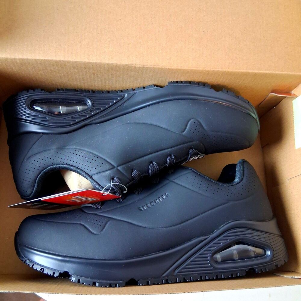 Skechers Women Size 7 Wide Slip Resistant Shoes 108021W BLACK UNO SR
